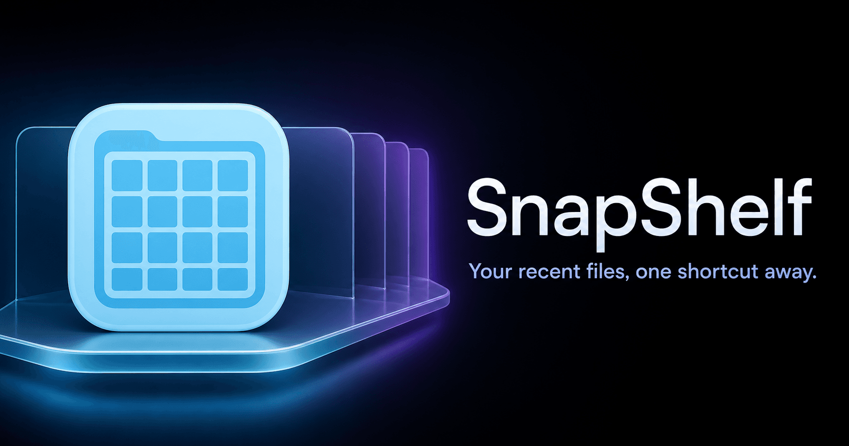 SnapShelf app icon and the tagline Your recent files, one shortcut away
